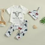 Dcohmch Western Baby Boy Summer Clothes Short Sleeve Cow Print Romper Onesie Elastic Pants Hat Newborn Outfit 0-18M (Cream, 3-6 Months) by 