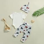 Dcohmch Western Baby Boy Summer Clothes Short Sleeve Cow Print Romper Onesie Elastic Pants Hat Newborn Outfit 0-18M (Cream, 3-6 Months) by 