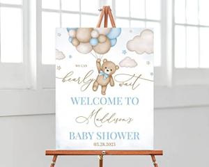 Brown Bear Balloon Baby Shower Welcome Sign, We Can Bearly Wait Baby Shower Welcome Sign, Blue Boy Boho Bear Baby Shower Decor, Teddy Bear Welcome Sign, Bear Baby Shower Decoration by Authentic Yard Sign