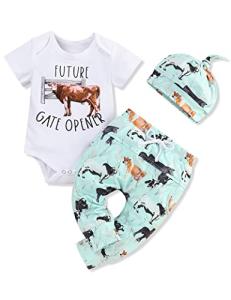 bilison Western Newborn Baby Boy Clothes Summer Infant Cowboy Outfit Cow Print Romper+Pants+Hat 3pcs Set by 