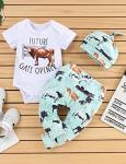 bilison Western Newborn Baby Boy Clothes Summer Infant Cowboy Outfit Cow Print Romper+Pants+Hat 3pcs Set by 