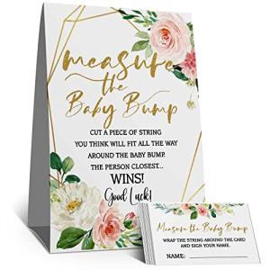 Measure Mommy's Belly Sign, Measure Mommy's Belly Guessing Cards(1 Standing Sign + 50 Guessing Cards), Gold, Pink Flower Baby Shower Game Set by 
