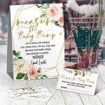 Measure Mommy's Belly Sign, Measure Mommy's Belly Guessing Cards(1 Standing Sign + 50 Guessing Cards), Gold, Pink Flower Baby Shower Game Set by 