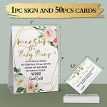 Measure Mommy's Belly Sign, Measure Mommy's Belly Guessing Cards(1 Standing Sign + 50 Guessing Cards), Gold, Pink Flower Baby Shower Game Set by 