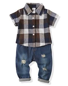 NZRVAWS 6-12 Months Boy Clothes Baby Boy Summer Outfit Toddler Boy Plaid T-shirt+Ripped Denim Jeans Pants Set 2pc Infant Boy Clothing from 