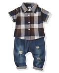 NZRVAWS 6-12 Months Boy Clothes Baby Boy Summer Outfit Toddler Boy Plaid T-shirt+Ripped Denim Jeans Pants Set 2pc Infant Boy Clothing from 