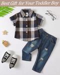 NZRVAWS 6-12 Months Boy Clothes Baby Boy Summer Outfit Toddler Boy Plaid T-shirt+Ripped Denim Jeans Pants Set 2pc Infant Boy Clothing from 