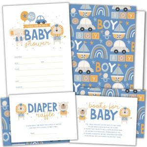 25 Baby Shower Invitations for Boy with Diaper Raffle Tickets for Baby Shower and Book Request Cards and Envelopes - Baby Shower Invitations Diaper Raffle Bulk Set Total 100 Pcs - Including Envelopes and Animal Theme Baby Shower Invitation Book Cards by H