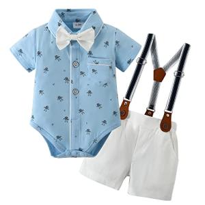 CARETOO Infant Baby Boy Clothes Gentleman Outfits Suit Newborn Summer Short Sleeve Bowtie Bodysuit + Suspender Shorts(0-18M) from 