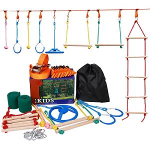 KIDINIX Warrior Obstacle Course for Kids-8 Durable Obstacles and 50ft Slackline Outdoor Hanging Play Equipment, Kids Toys, 440 lbs Weight Capacity, Have Fun in Backyard by KIDINIX