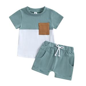 allshope Toddler Baby Boy Summer Clothes Short Sleeve Contrast Color Pocket T-Shirt Tops Solid Color Drawstring Shorts Outfit Set (Blue, 12-18 Months) by 