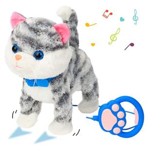Cuteoy Electric Kitty Toy Pet Remote Control Leash Stuffed Cat Animal Walks Meows Wags Gifts for Kids, Grey 9.5" by Cuteoy