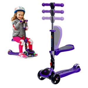 Kick Scooters for Kids Ages 3-5 (Suitable for 2-12 Year Old) Adjustable Height Foldable Scooter Removable Seat, 3 LED Light Wheels, Rear Brake, Wide Standing Board, Outdoor Activities for Boys/Girls from SKIDEE