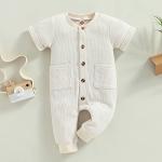 Mubineo Infant Baby Boy Girl Summer Fall Basic Plain Button Short Sleeve Romper Jumpsuit Clothes (Beige, 0-3 Months) from Mubineo