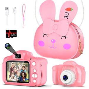 ACHSONâs Selfie Kids Camera for Girls, Christmas Birthday Gifts for Kids Age 3-9, HD Digital Video Camera for Kids, Toddler Camera for 3 4 5 6 7 8 9 Year Old Girls with 32GB SD Card & Bunny Bag -Pink from ACHSON's