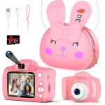 ACHSONâs Selfie Kids Camera for Girls, Christmas Birthday Gifts for Kids Age 3-9, HD Digital Video Camera for Kids, Toddler Camera for 3 4 5 6 7 8 9 Year Old Girls with 32GB SD Card & Bunny Bag -Pink from ACHSON's