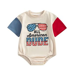 Baby Boy 4th of July Romper Short Sleeve All Amercian Dude Letter Print Bodysuit Casual Summer Onesie Clothes (Apricot All American Dude, 0-3 Months) from Mandizy