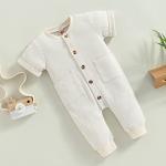 Mubineo Infant Baby Boy Girl Summer Fall Basic Plain Button Short Sleeve Romper Jumpsuit Clothes (Beige, 0-3 Months) from Mubineo