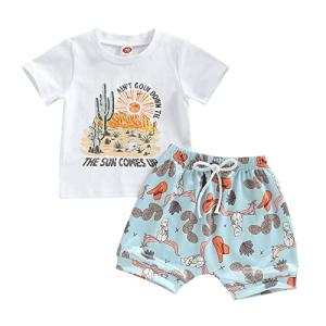 Kupretty Baby Boy Summer Clothes The Sun Comes Up T-shirt Tops Drawstring Jogger Shorts Set Western Toddler Outfits (A White Blue, 0-6 Months) from Kupretty