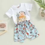 Kupretty Baby Boy Summer Clothes The Sun Comes Up T-shirt Tops Drawstring Jogger Shorts Set Western Toddler Outfits (A White Blue, 0-6 Months) from Kupretty