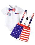 4th of July Baby Boy Clothes 6-9 Months,My First 4th of July Baby Boy Outfit American Flag Onesie + Star Stripe Strap Short Pants + Bow Tie 3Pcs Summer Baby Boy Clothes from 