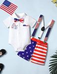 4th of July Baby Boy Clothes 6-9 Months,My First 4th of July Baby Boy Outfit American Flag Onesie + Star Stripe Strap Short Pants + Bow Tie 3Pcs Summer Baby Boy Clothes from 