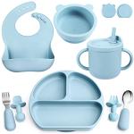 Silicone Baby Feeding Set, Baby Led Weaning Supplies with Suction Bowl Divided Plate, Toddler Self Feeding Dish Set with Spoons Forks Sippy Cup Adjustable Bib, Eating Utensils for 6+ Months(Blue) from Shenzhen Kean Silicone Product Co.,Ltd.
