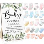 21 Pcs Baby Shower Games Include Baby Sock Hunt Sign and 20 Pair Small Cotton Baby Socks Wooden Greenery Table Sign with Holder Baby Shower Game Prize for Boy and Girl Gender Reveal Party Favors by Hoteam