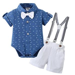 DISAUR Baby Boy Clothes Suits,Infant Gentleman Outfits Short Sleeves Romper +BowTie + Suspender Pants Wedding Set 0-18 Months(Blue,0-3Months) by 