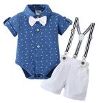 DISAUR Baby Boy Clothes Suits,Infant Gentleman Outfits Short Sleeves Romper +BowTie + Suspender Pants Wedding Set 0-18 Months(Blue,0-3Months) by 