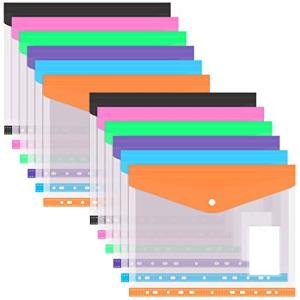 FYY 12PCS Binder Pocket, Clear Binder Organizer File Folders for 3 Ring, 11 Holes, A4 Letter Size Poly Document Envelopes Pouch with Snap Button & Label for School Office Supplies, 1 from FYY