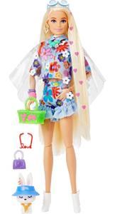 Barbie Extra Doll #12 in Floral 2-Piece Fashion & Accessories, with Pet Bunny, Extra-Long Blonde Hair with Heart Icons & Flexible Joints, Gift for 3 Year Olds & Up from Mattel