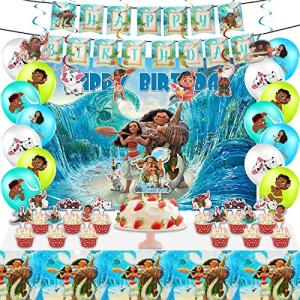 54Pcs Moana Birthday Party Supplies Set, 5*3ft Backdrop, 12 inch Latex Balloons, Cupcake, Cake Topper, Tablecloth, Hanging Swirls, Happy Birthday Banner for Moana Themed Birthday Party Supplies Decorations by JIUKUAI