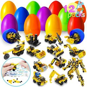 12 Packs Prefilled Easter Eggs with Toys Construction Cars Building Blocks (12 in 1), 3.4" Easter Eggs for Easter Eggs Hunt, Easter Basket Stuffers, Party Favor, Easter Filling, Classroom Prize by Joyin Inc.