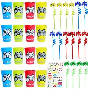76 Pcs Video Game Party Favors - 16 Set of Reusable Gamer Drinking Straws with Gaming Party Cups and 44 PCs Tattoos for Kids Gamer Birthday Party Supplies from Empire Party Supply