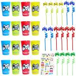 76 Pcs Video Game Party Favors - 16 Set of Reusable Gamer Drinking Straws with Gaming Party Cups and 44 PCs Tattoos for Kids Gamer Birthday Party Supplies from Empire Party Supply
