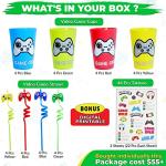 76 Pcs Video Game Party Favors - 16 Set of Reusable Gamer Drinking Straws with Gaming Party Cups and 44 PCs Tattoos for Kids Gamer Birthday Party Supplies from Empire Party Supply