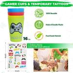 76 Pcs Video Game Party Favors - 16 Set of Reusable Gamer Drinking Straws with Gaming Party Cups and 44 PCs Tattoos for Kids Gamer Birthday Party Supplies from Empire Party Supply
