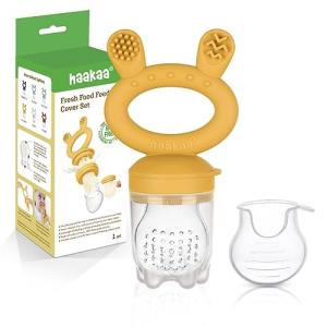 Baby Fruit Food Feeder Pacifier - haakaa Silicone Feeder and Teether All in One,BPA Free Teething Relief Toy with Teether Clip&Travel Case (Mustard) from Haakaa