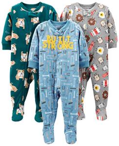 Simple Joys by Carter's Baby Boys' Loose-Fit Flame Resistant Fleece Footed Pajamas, Pack of 3, Blue/Grey/Green, Tools/Breakfast/Dogs, 12 Months by Carter's Simple Joys - Private Label