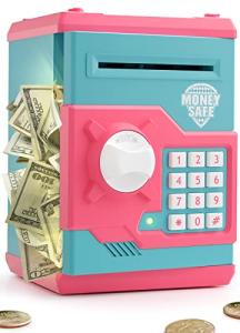 Playsheek Piggy Bank for Girls Boys Large Electronic Money Coin Banks with Password Protection, Automatic Paper Money Scroll Saving Box, Great Gift for Kids(Pink-Blue) from Playsheek