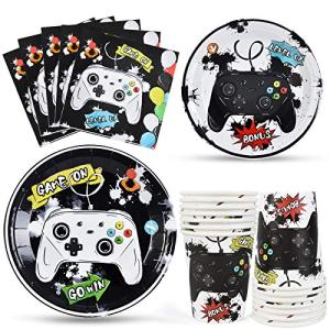 Watercolor Video Game Party Supplies Set - Gaming Party Tableware for Boys Birthday Dinner Dessert Cake Plates Cups Napkins Serves 16 Guests 64 PCS by 