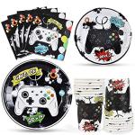Watercolor Video Game Party Supplies Set - Gaming Party Tableware for Boys Birthday Dinner Dessert Cake Plates Cups Napkins Serves 16 Guests 64 PCS by 