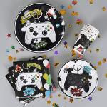 Watercolor Video Game Party Supplies Set - Gaming Party Tableware for Boys Birthday Dinner Dessert Cake Plates Cups Napkins Serves 16 Guests 64 PCS by 