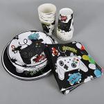 Watercolor Video Game Party Supplies Set - Gaming Party Tableware for Boys Birthday Dinner Dessert Cake Plates Cups Napkins Serves 16 Guests 64 PCS by 