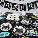 Watercolor Video Game Party Supplies Set - Gaming Party Tableware for Boys Birthday Dinner Dessert Cake Plates Cups Napkins Serves 16 Guests 64 PCS by 