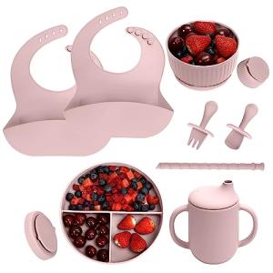 Baby Led Weaning Supplies - CSFICTS Baby Feeding Set - Silicone Suction Bowls, Divided Plates, Straw Sippy Cup - Toddler Self Feeding Eating Utensils Dishes Set with Bibs, Spoons, Fork - 6 Months from Shenzhen Ruidasen Technology Co., Ltd.