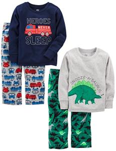 Simple Joys by Carter's Toddler Boys' 4-Piece Pajama Set (Cotton Top & Fleece Bottom), Dinosaur/Firetruck, 3T by Carter's Simple Joys - Private Label