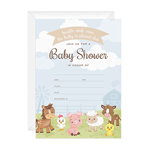 Barnyard Baby Shower Invites / 25 Cards With White Envelopes / 5" x 7" Farm Animal Invitations / Fill In Gender Neutral Country Baby Cards / Made In The USA from Canopy Street