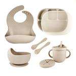 Littlesol Baby Led Weaning Supplies - Complete Silicone Baby Feeding Set - Includes Baby Plate, Spoon, Fork, Bib, Bowl, Water & Snack Cup - Food Grade Silicone BPA Free - Dishwasher Safe (Beige) by littlesol